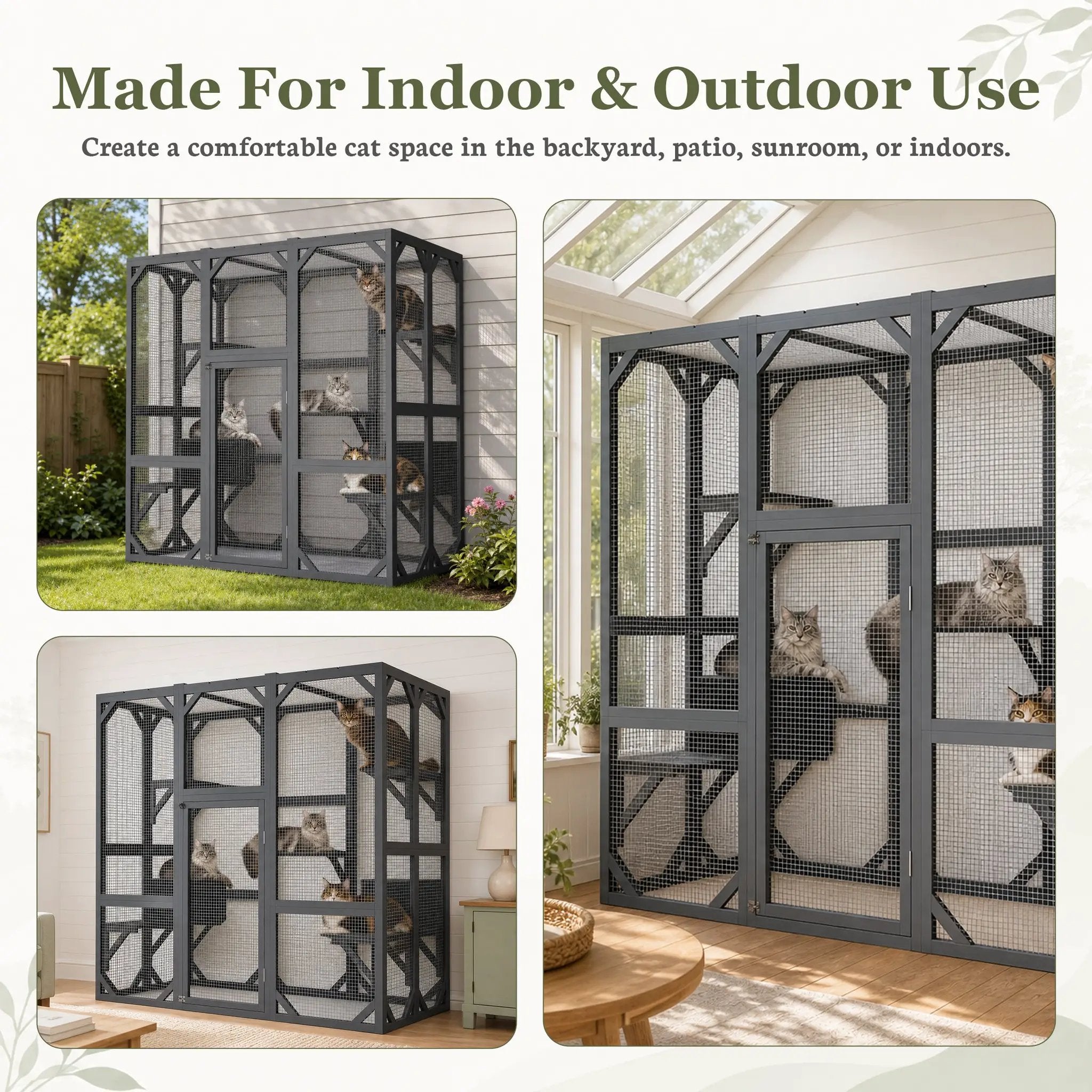 Outdoor cat enclosure by For Animals, With Love; dark gray wood frame with mesh panels and waterproof roof, 71x37x71 in