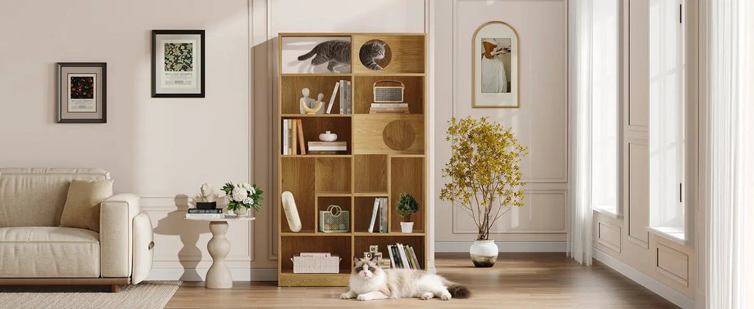 Wide front room view of The Curator Cat Bookshelf in Natural, with a cat resting on the floor
