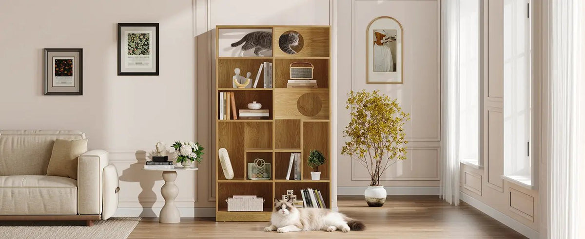 Modern 2-in-1 wooden cat house bookshelf by Sangria Beech, natural wood finish, cat tree display cabinet