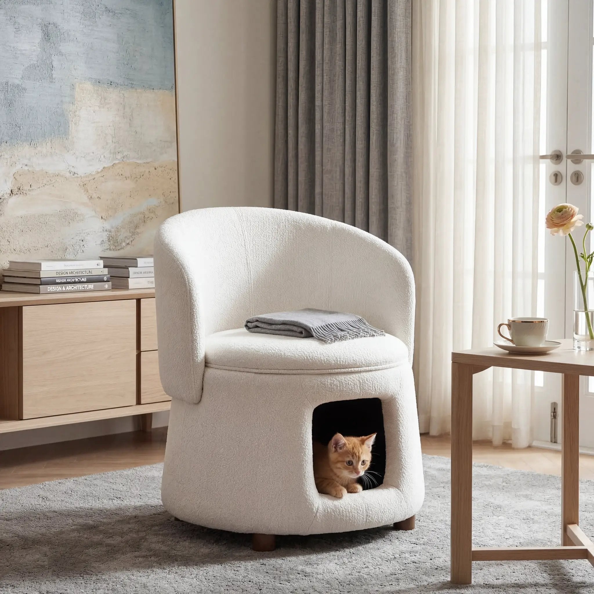 Beige pet-friendly chair with hidden pet nook; cat peeking from the nook.