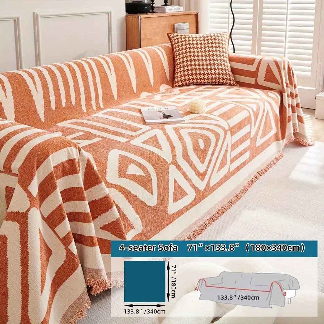 Bohemian-Style Chenille Couch Cover by topspet for extra-long 4-seat sofa, orange/cream geometric pattern, anti-dog-scratch.