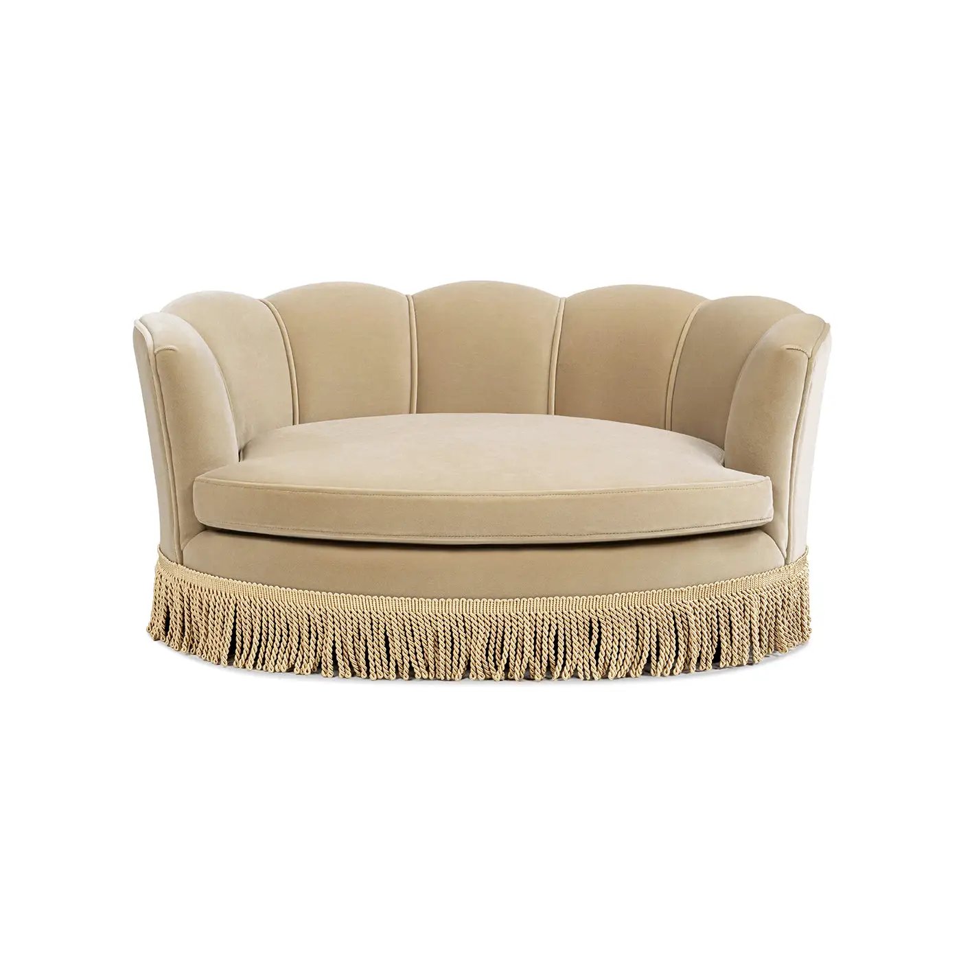 Clara 34.5in scalloped pet sofa bed, medium fawn with fringe trim