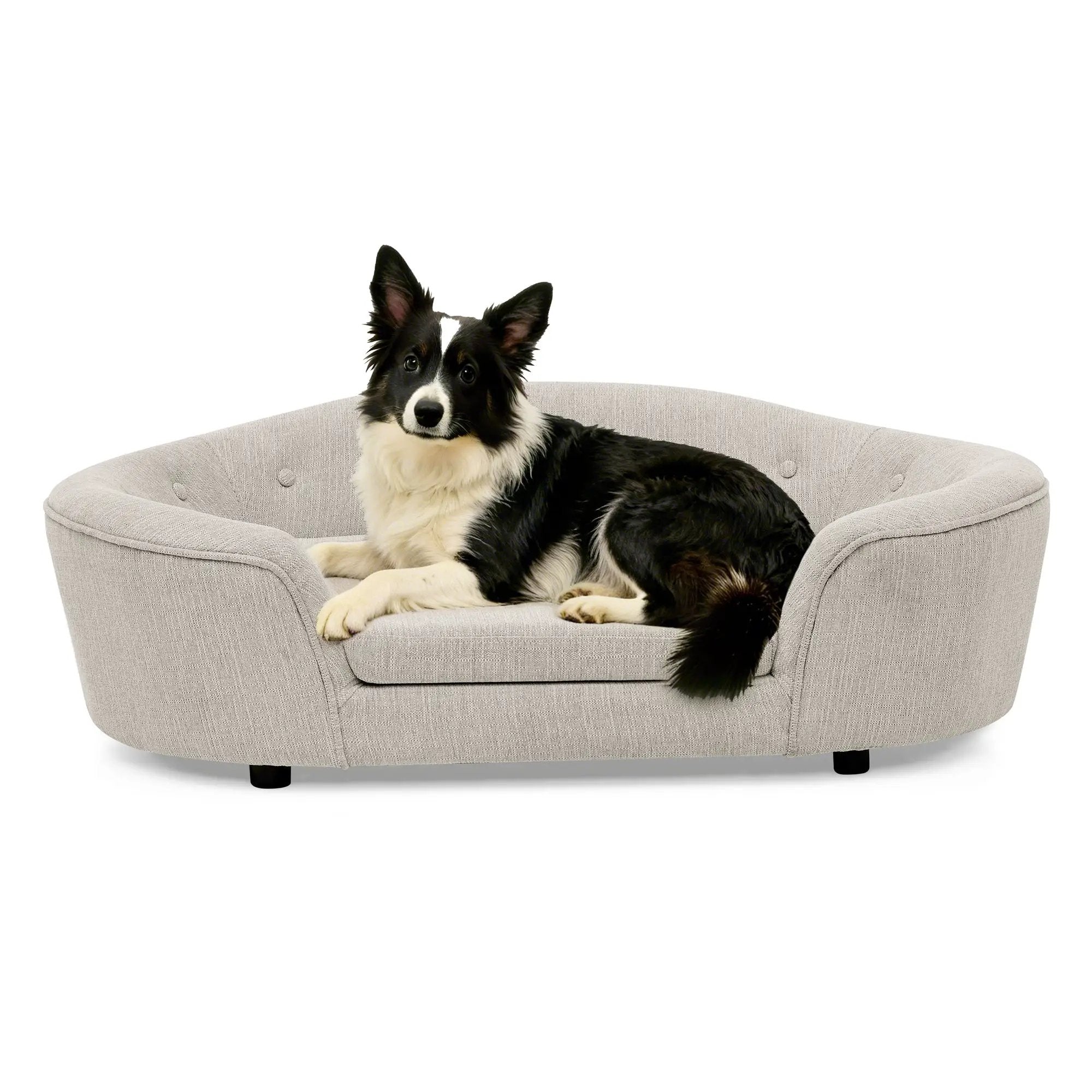 OVERSIZED Size Oval Semi-Enclosed Dog Sofa - Durable Linen Material, Button-Tufted Backrest, High-Center Low-Sides Support & Plush Comfort-Beige by HouseOfZazla