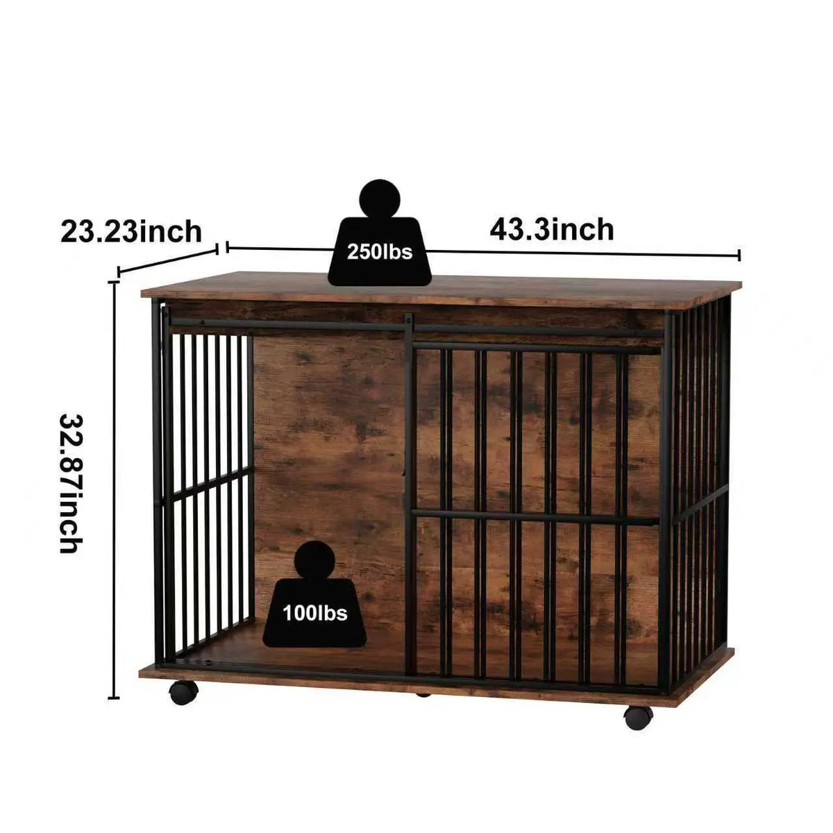 Large Sangria Beech wooden dog crate furniture with removable tray, secure doors, and caster wheels.