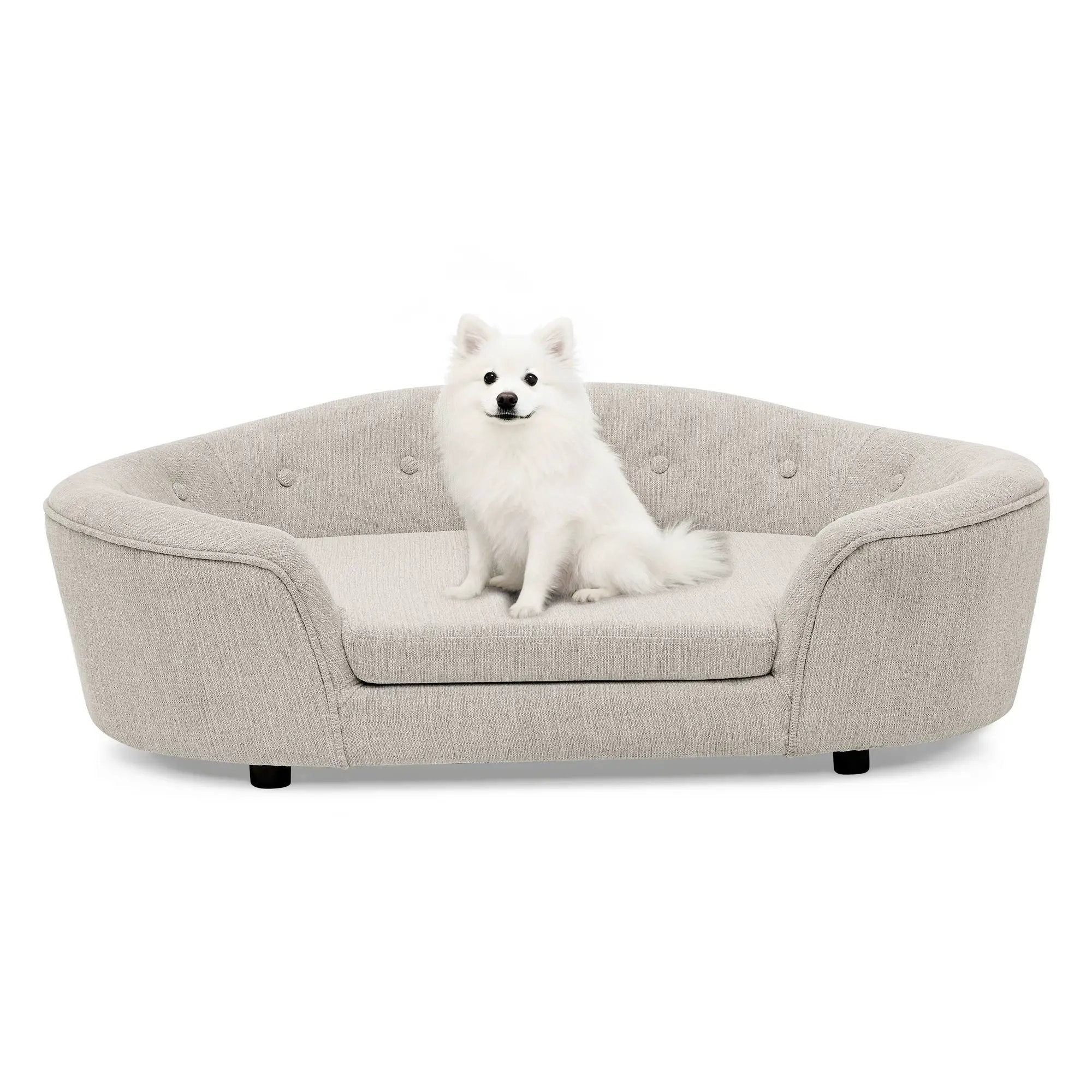 OVERSIZED Size Oval Semi-Enclosed Dog Sofa - Durable Linen Material, Button-Tufted Backrest, High-Center Low-Sides Support & Plush Comfort-Beige by HouseOfZazla