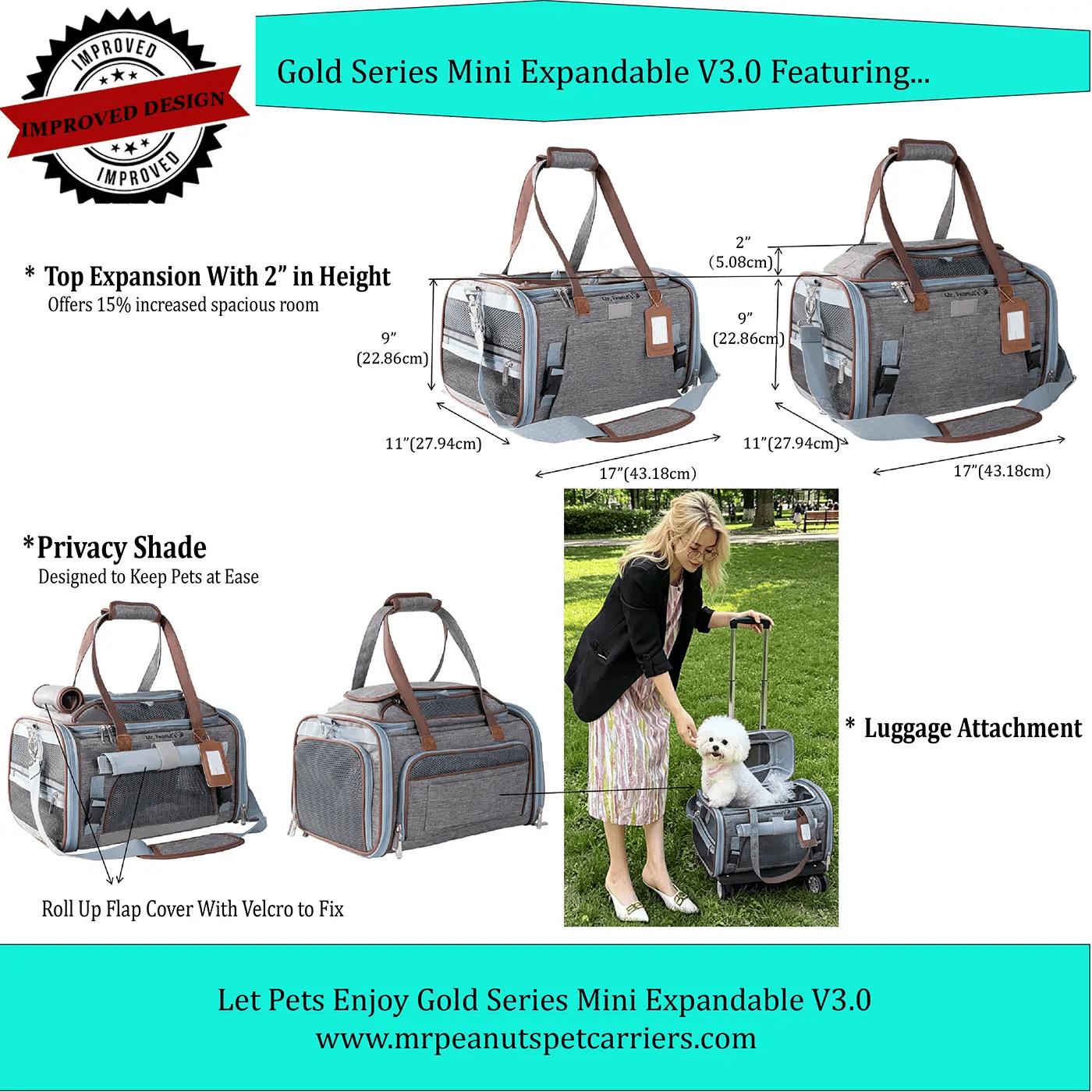 Mr. Peanut's Gold Series Mini Expandable V3.0 Pet Carrier, gray fabric with brown handles, air travel approved (2)