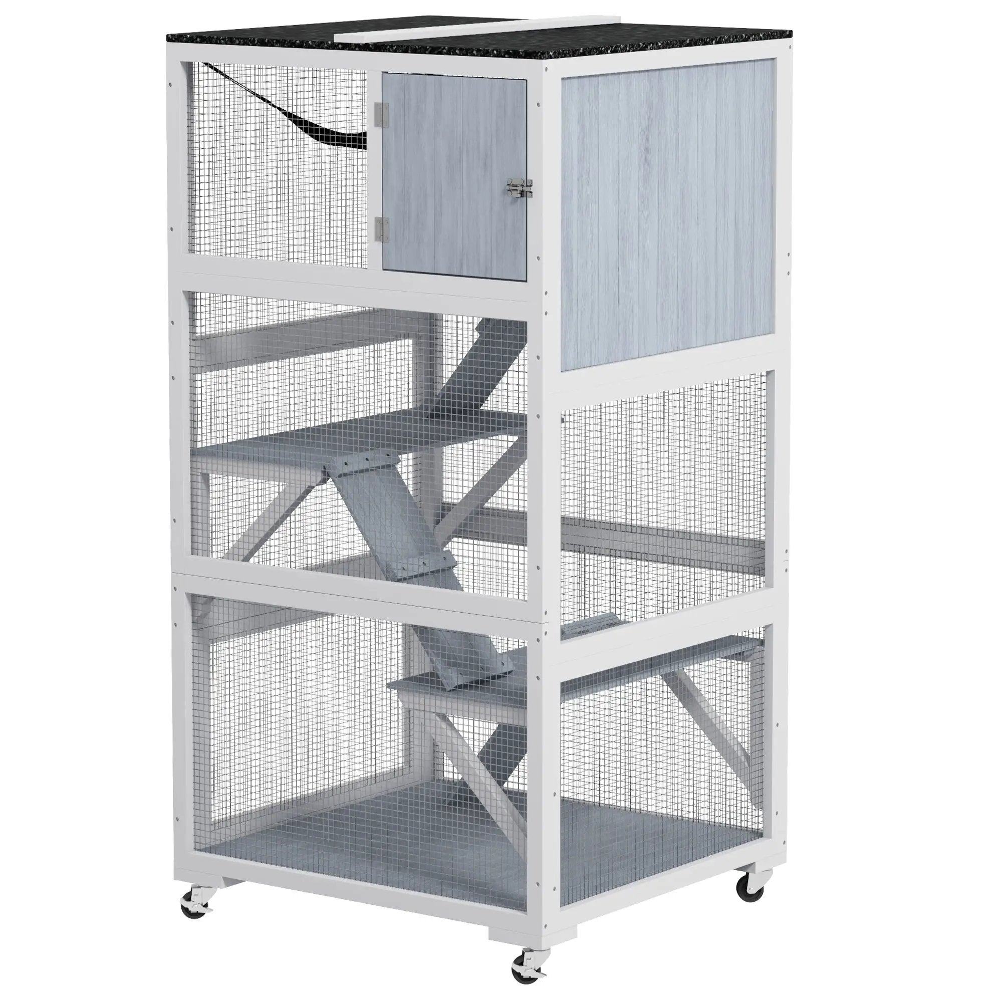 Catio outdoor cat enclosure on wheels with hammock, white frame and gray panels
