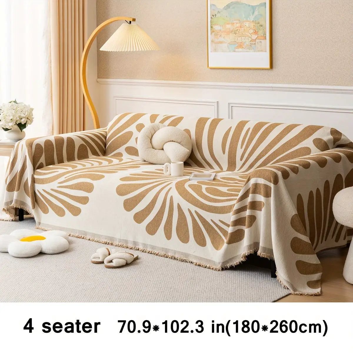 Versatile chenille sofa cover for 4-seat sofa in orange beige pattern, pet-friendly