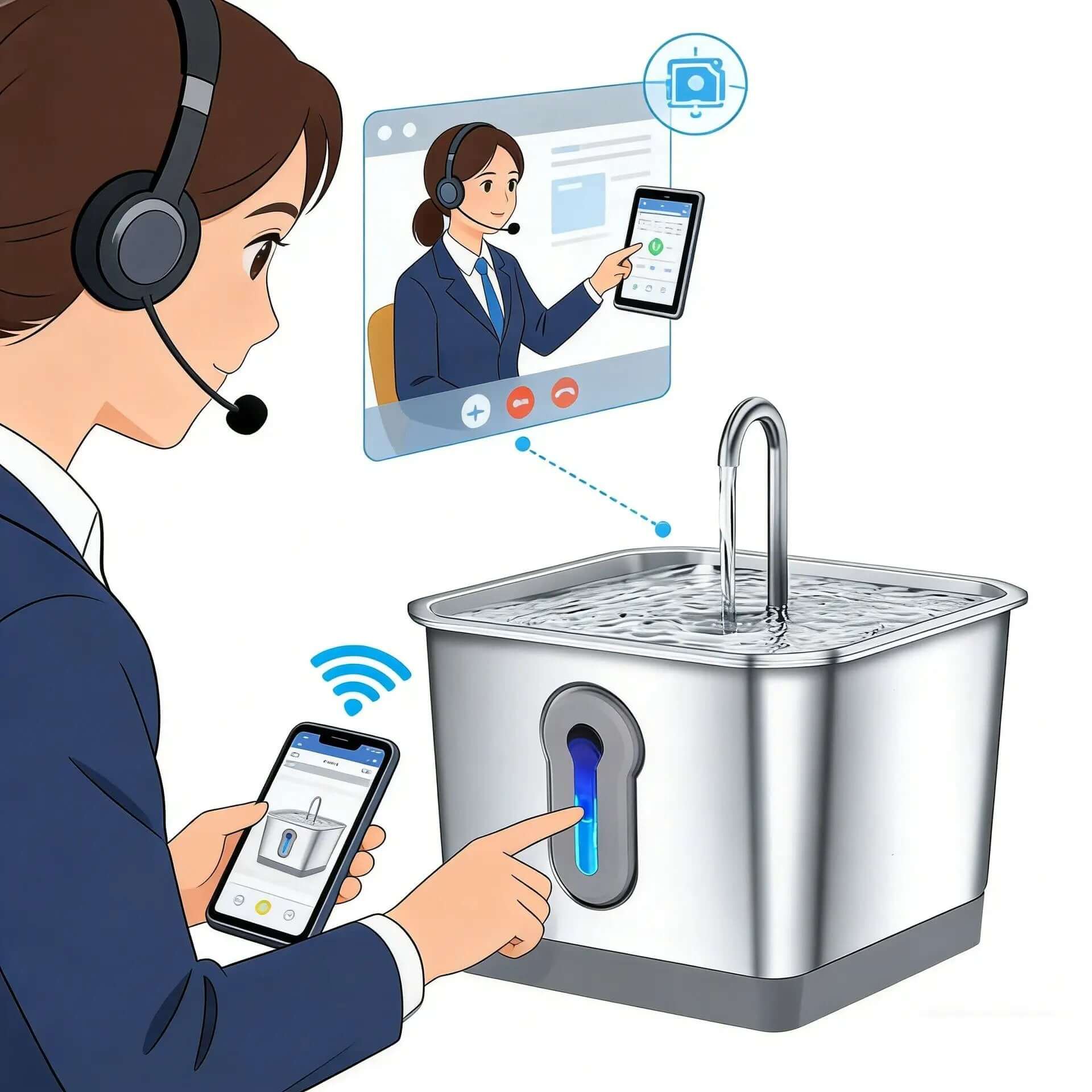 Wireless Cat Water Fountain for cats and dogs by For Animals, With Love; stainless steel with blue water level window