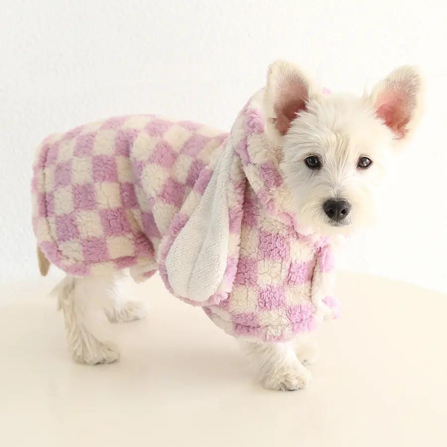 Small Dog Flannel Cape Towel by SOCKPET, pink and cream checkered plush cape.