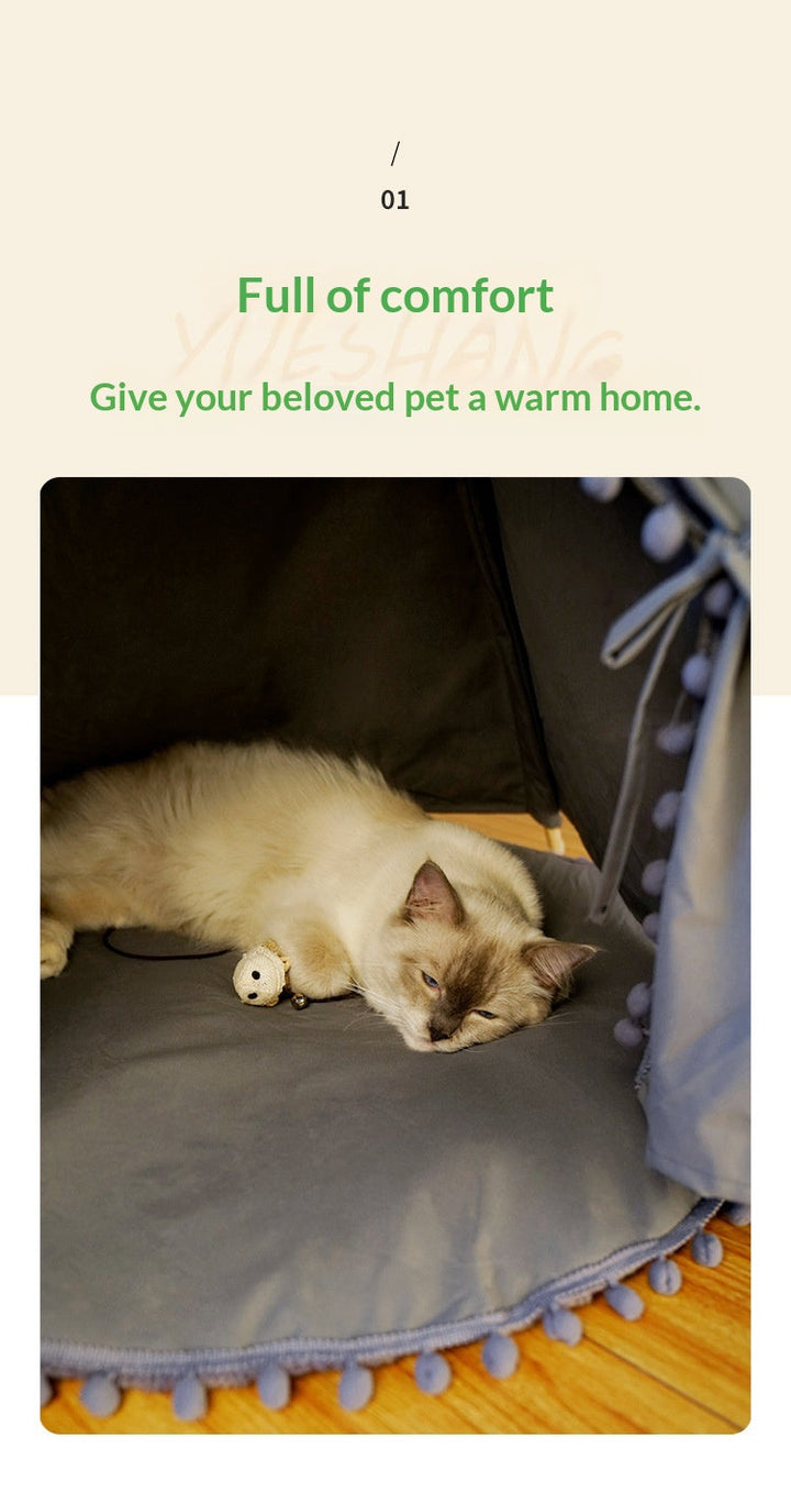 Cat resting inside gray pet tent