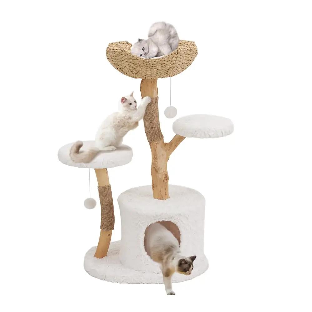 Unipaws Cat Tree Tower for Large Cat Cat Tower for Indoor Cats Aesthetic Solid Wood Modern Cat Tree with Scratching Post Cat Scratch Tower with Cat Tree House Wooden Cat Climbing Tower White - from For Animals, With Love
