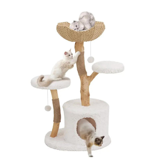 Unipaws Cat Tree Tower for Large Cat Cat Tower for Indoor Cats Aesthetic Solid Wood Modern Cat Tree with Scratching Post Cat Scratch Tower with Cat Tree House Wooden Cat Climbing Tower White - from For Animals, With Love