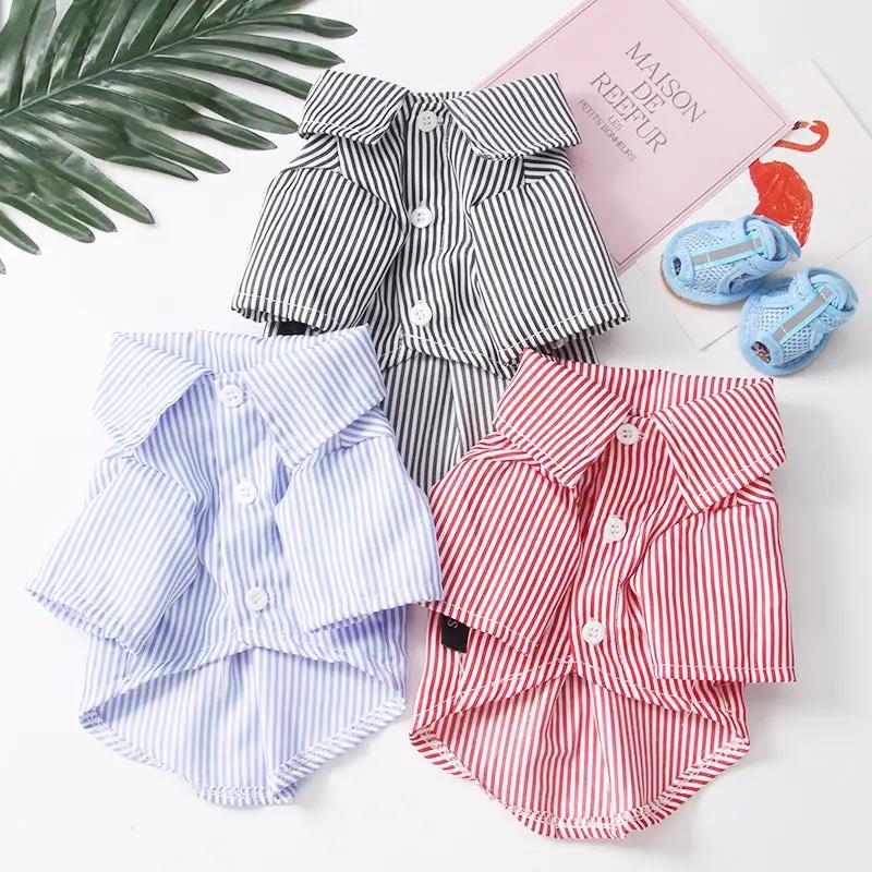 Three striped dog shirts set for small and medium dogs; breathable fabric in blue, black, and red.
