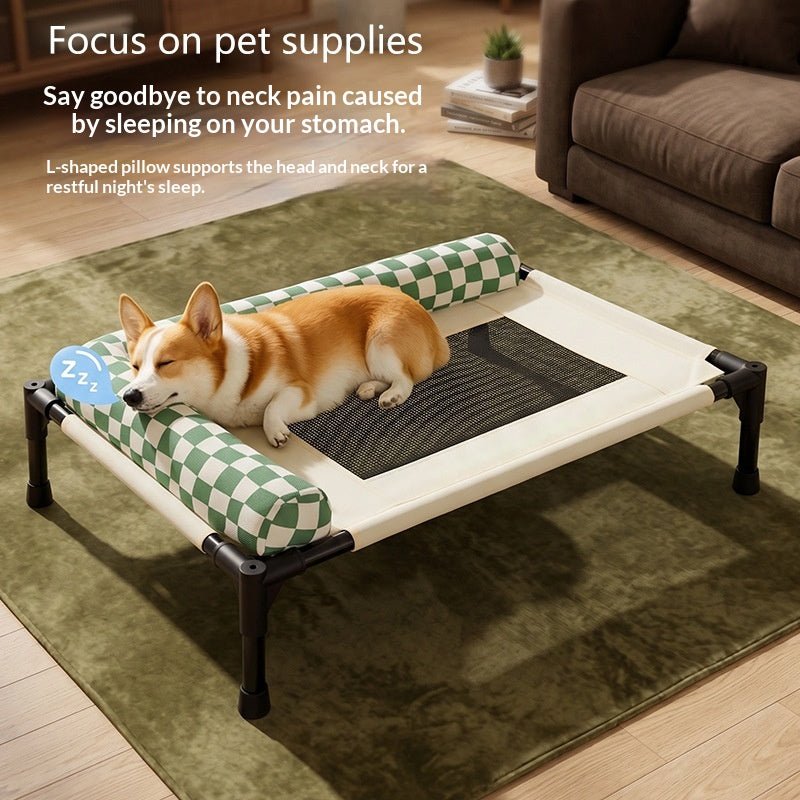 Dog resting on raised checkered-bolster cot