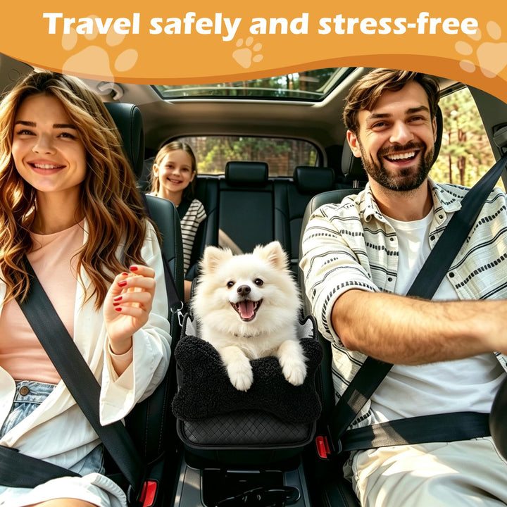Pet between front seats in supplier travel graphic