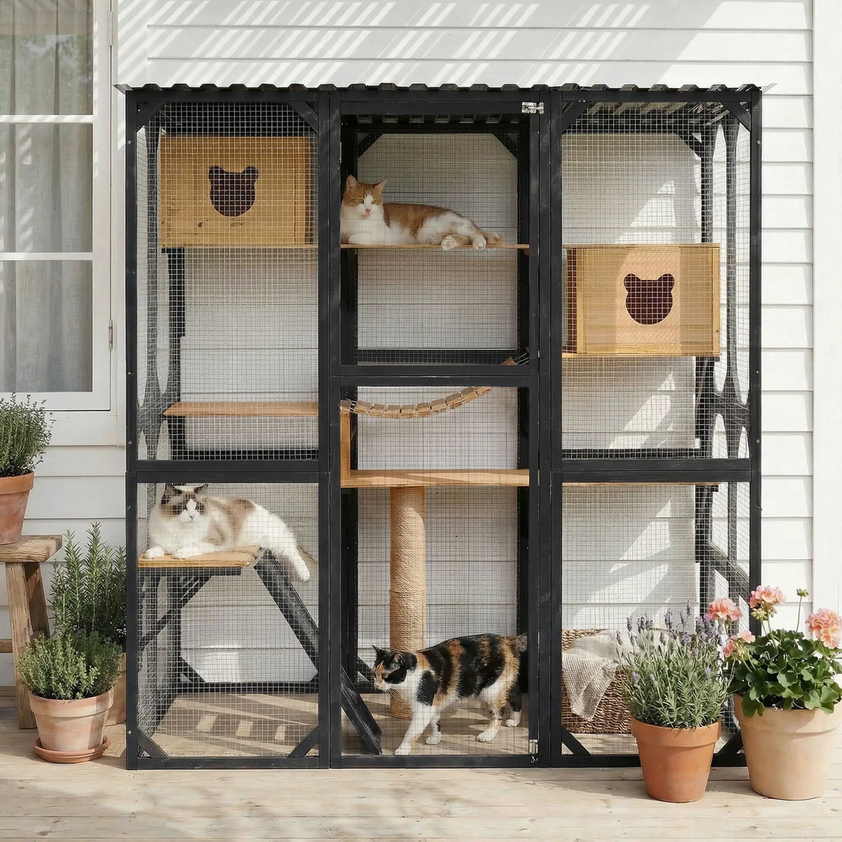 Outdoor Cat Enclosure With Sleeping Houses, Jumping Platforms, Scratching Post by HouseOfZazla