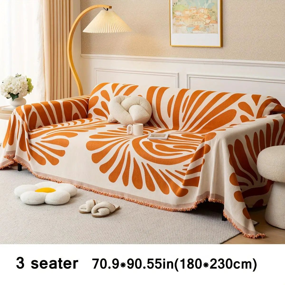 Versatile chenille sofa cover for 3-seater, orange and white pattern