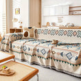 Load image into Gallery viewer, Extra Large Sofa Cover stretchable furniture protector; cream with blue geometric patterns on a sofa.
