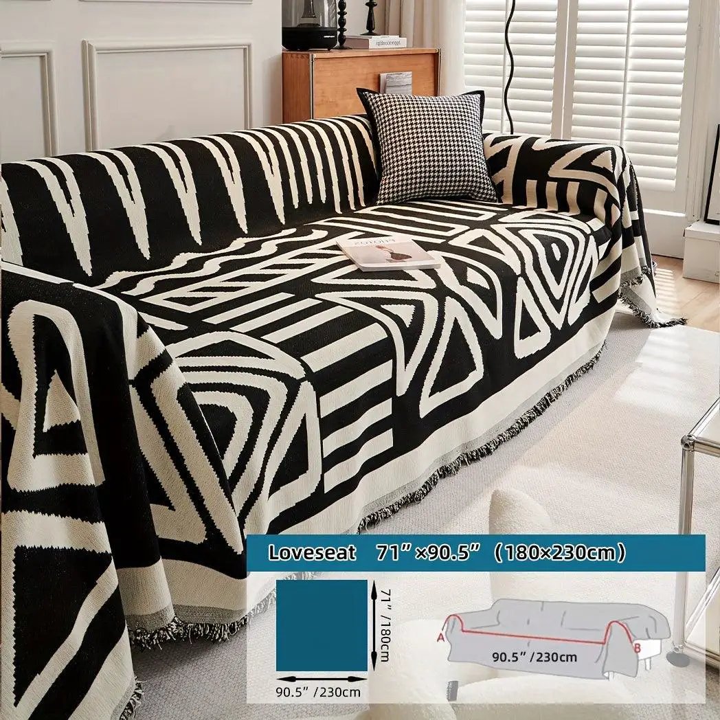 Couch cover by topspet: Bohemian Chenille, extra-long, black-and-white geometric pattern, anti dog scratch
