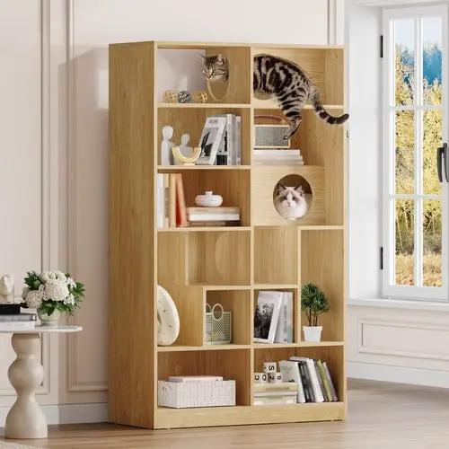 Sangria Beech wooden cat house bookshelf with cat tree display cabinet; two cats on shelves.