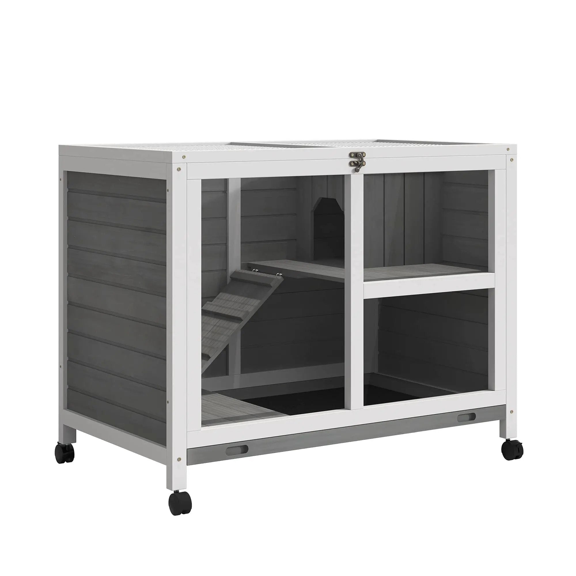 PawHut Indoor Rabbit Hutch with Wheels Desk and Side Table Sized Wood Rabbit Cage Waterproof Small Rabbit Cage Gray - from For Animals, With Love