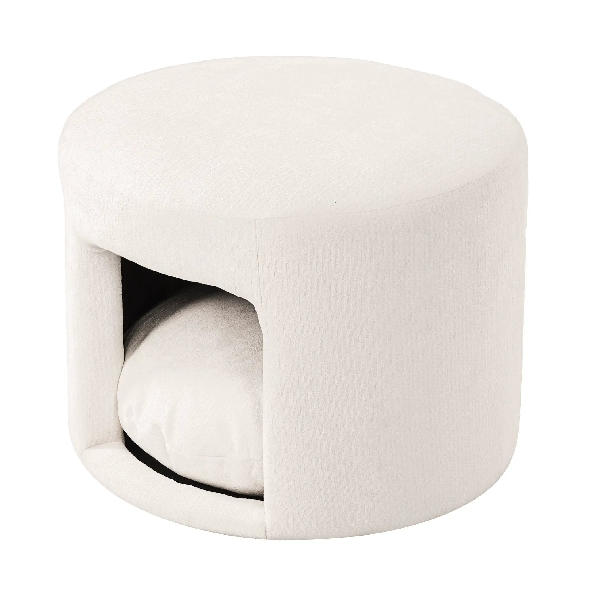 Beige pet-friendly ottoman with removable cushion and hidden pet nook