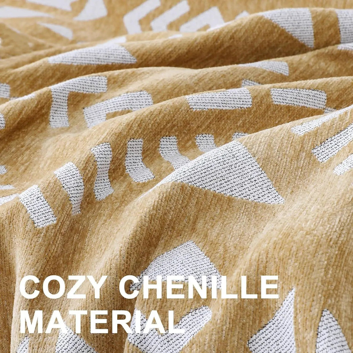 topspet premium couch cover blanket in tan chenille with white geometric pattern