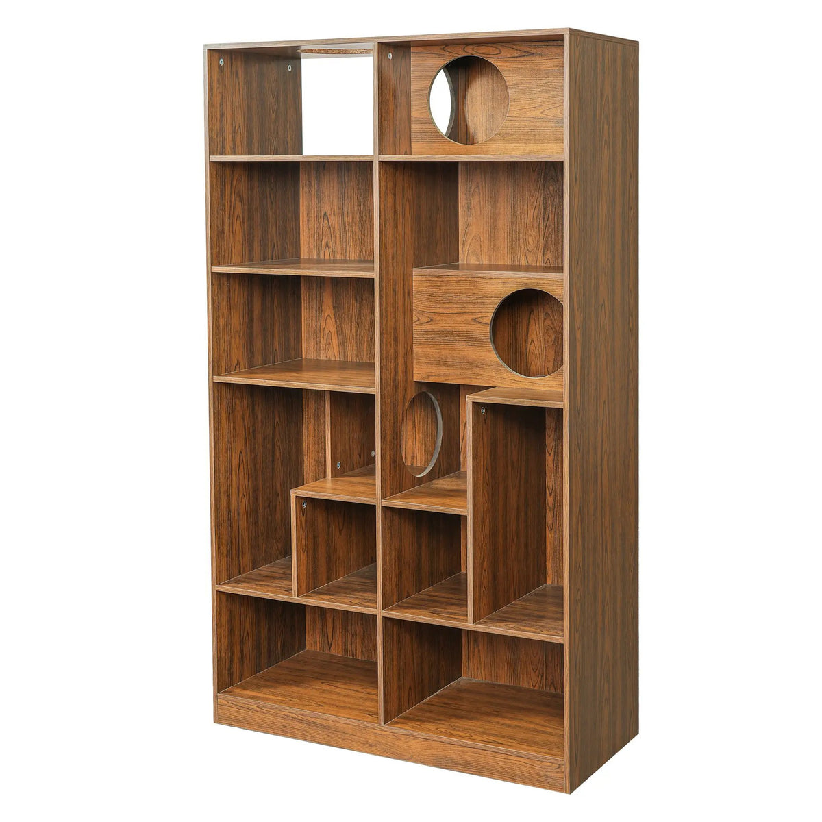 Modern 2-in-1 wooden cat house bookshelf with circular openings and display shelves.