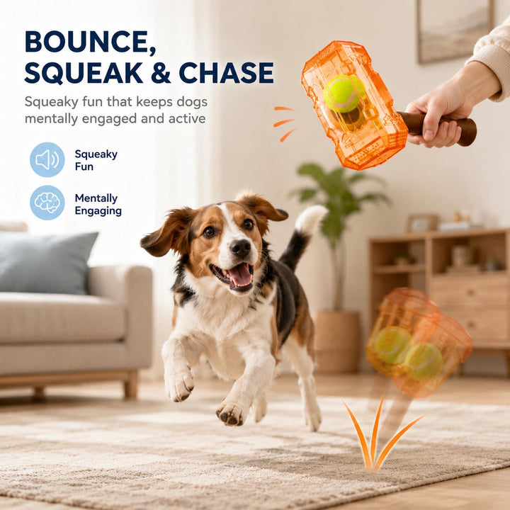 Orange hammer toy bounce and fetch illustration