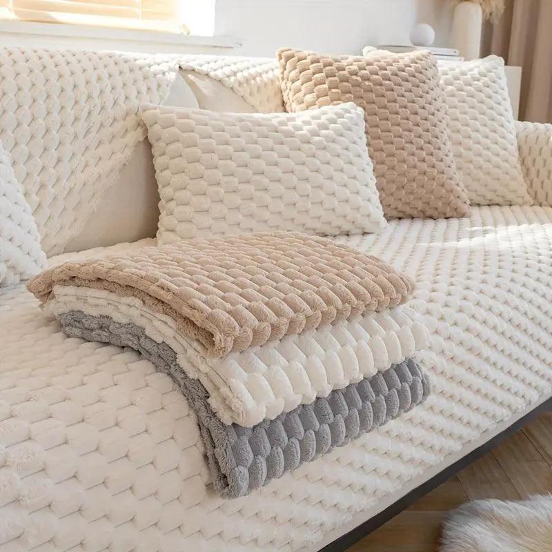 Plush Nordic Sofa Slipcover; cream knit fabric with matching cushions on a white sofa