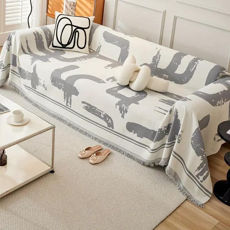 Boho Couch Cover Ultra Soft by topspet in all-seasons chenille fabric; white with gray abstract print on sofa