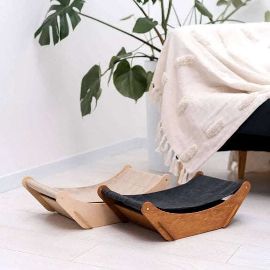 Floor Cat Hammock set: two wooden-framed hammocks with beige and charcoal fabric slings.