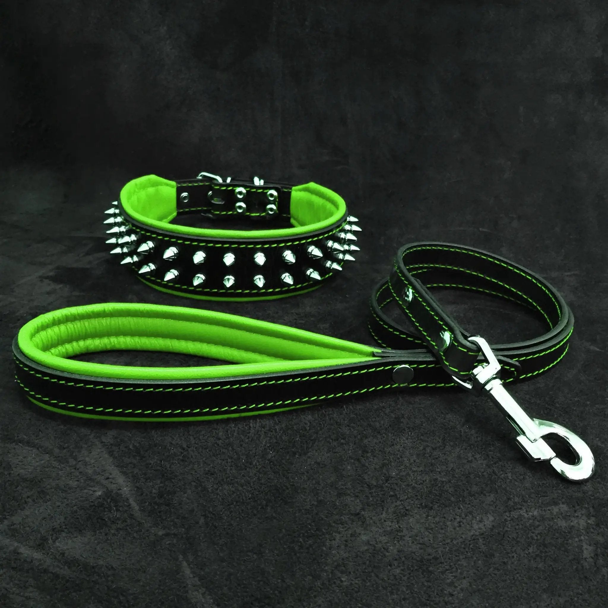 Bestia Dog Gear Frenchie Green Collar And Leash Set With Soft Leather Cushion Spikes For French Bulldogs by Bestia Dog Gear