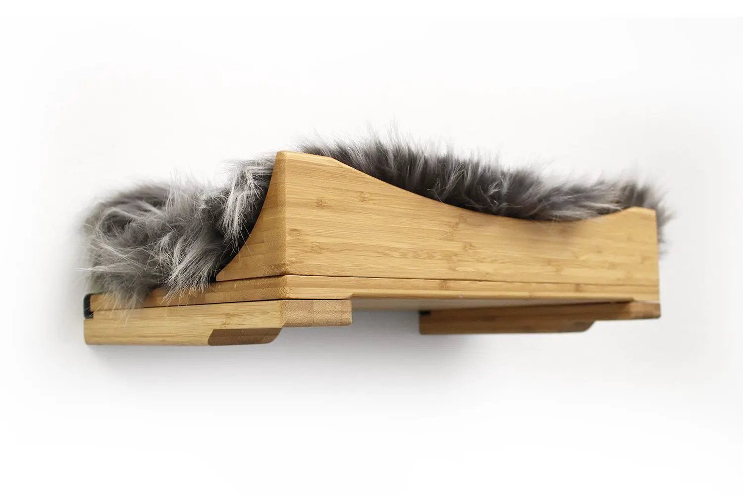 The Cat Nest Bed by Catastrophic Creations; wooden cat shelf with gray fur cushion