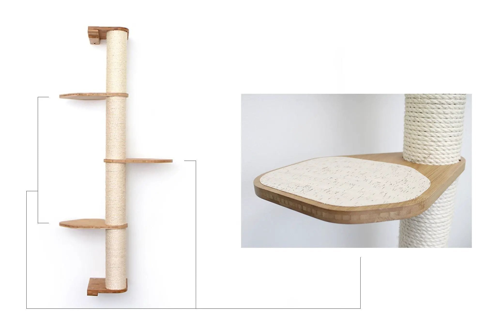 Wall Mounted Cat Climbing Pole by Catastrophic Creations, natural wood and sisal with two platforms.