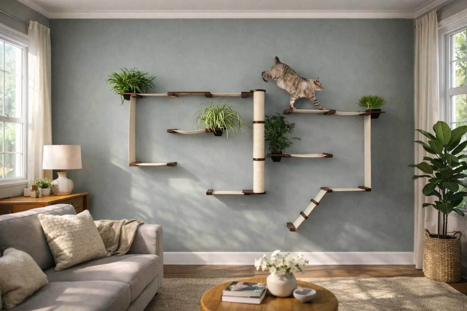 The Gardens Cat Condo by Catastrophic Creations; modern light-wood cat tree with potted plants, cat on top.