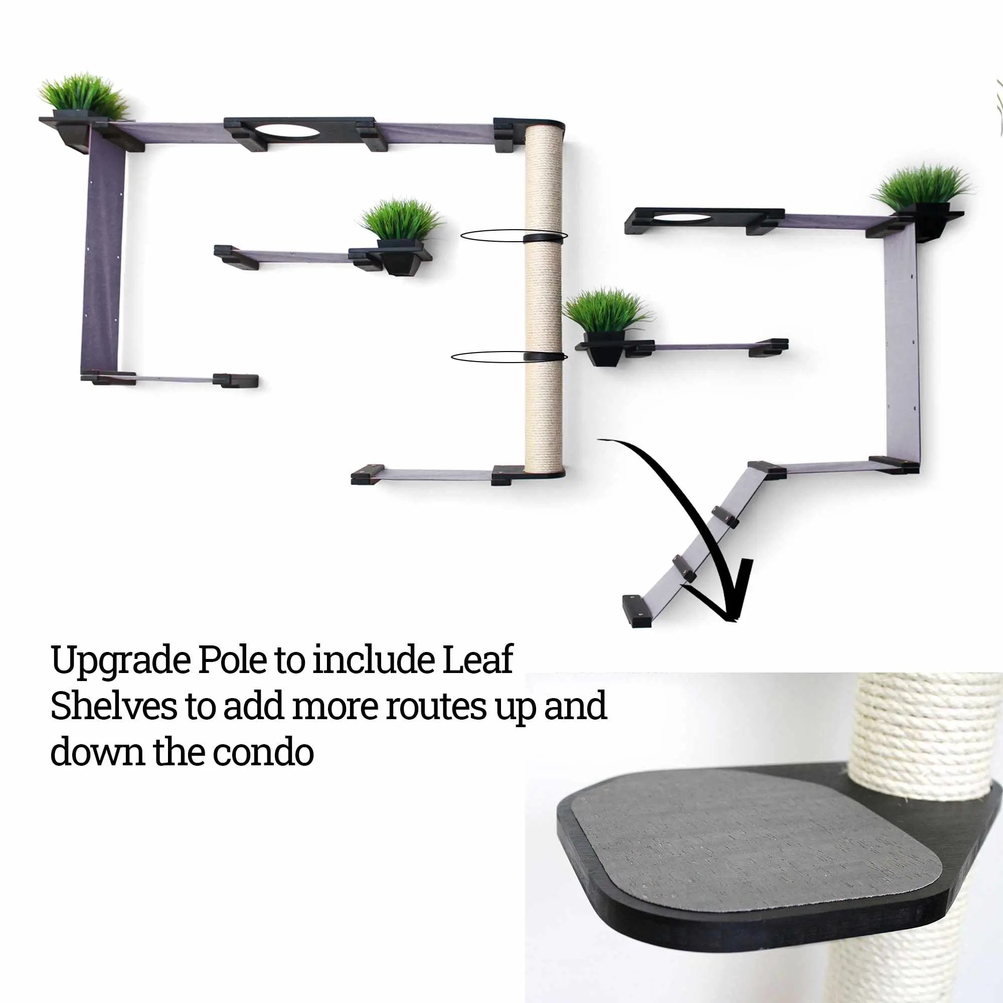 The Gardens Cat Condo by Catastrophic Creations; modern cat tree with purple-gray shelves and green plants