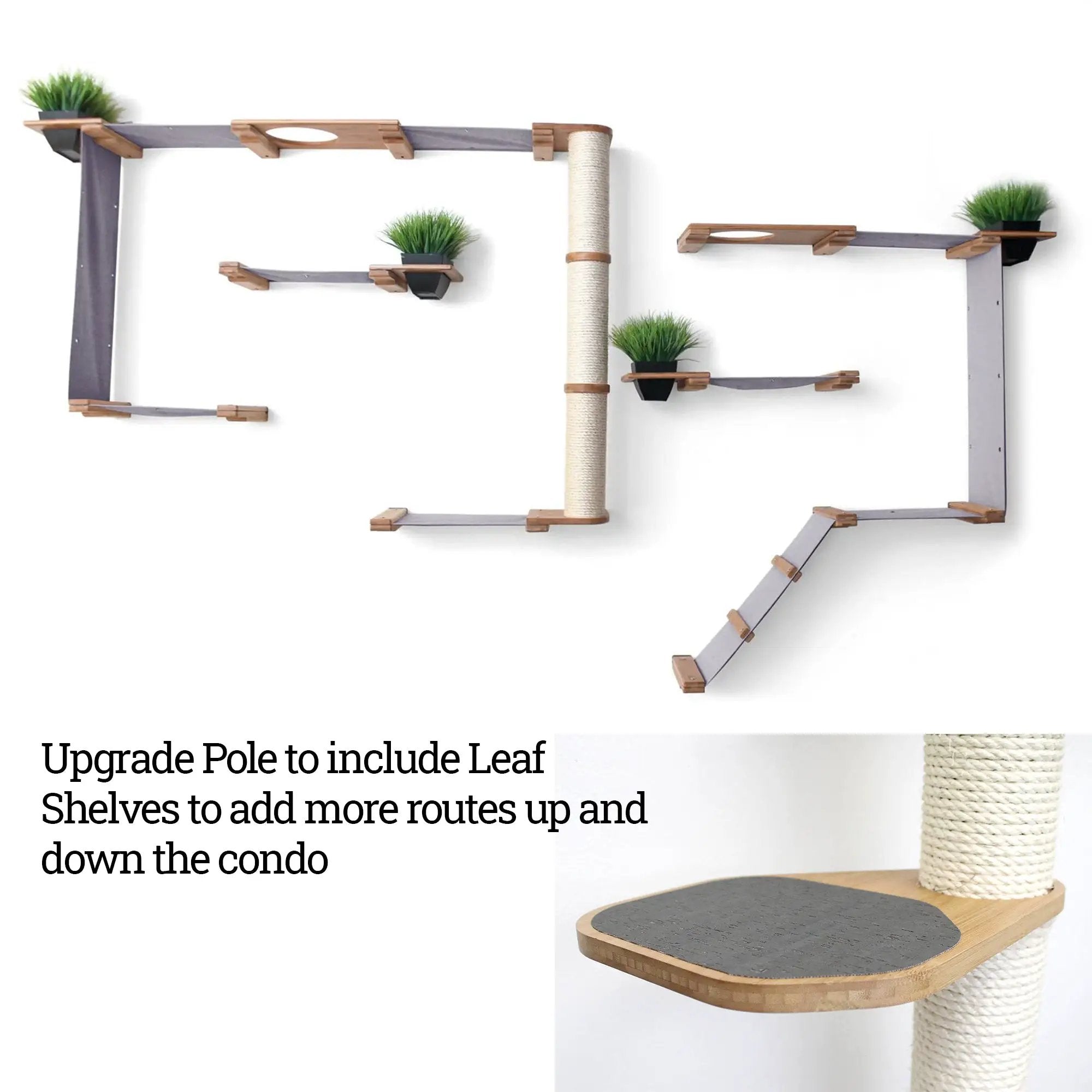 The Gardens cat condo by Catastrophic Creations; multi-level gray wall shelves, plants, and a sisal post.