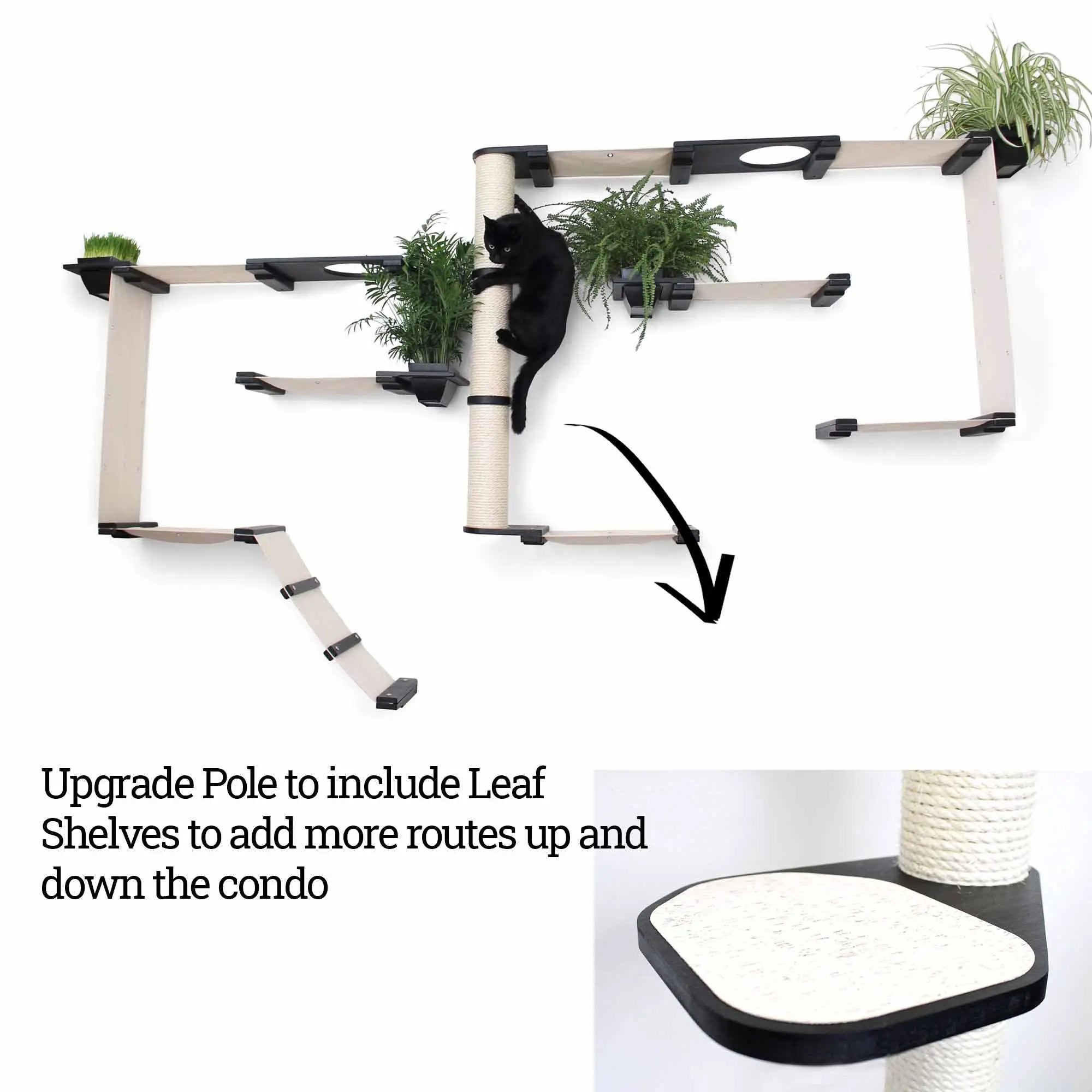 Cat condo The Gardens by Catastrophic Creations; beige wood cat tree with black connectors, sisal post, and greenery.
