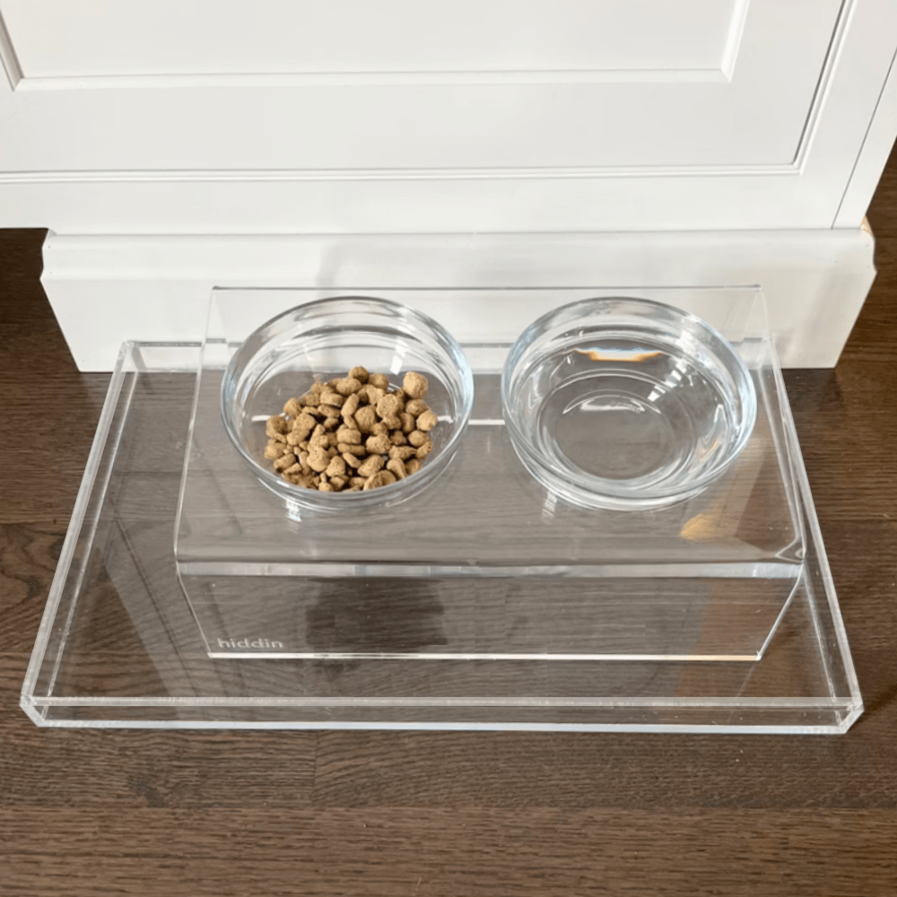 Hiddin Clear Acrylic Double Feeder with Glass Bowls – 3 in High