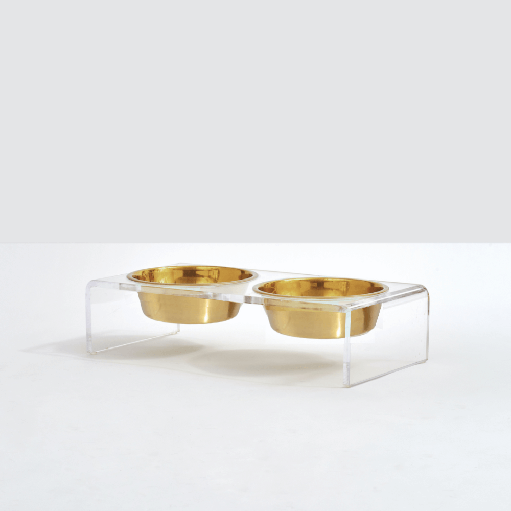 Hiddin Clear Acrylic Double Feeder with Gold Bowls – 3 in High