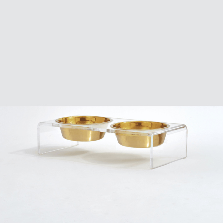 Hiddin Clear Acrylic Double Feeder with Gold Bowls – 3 in High