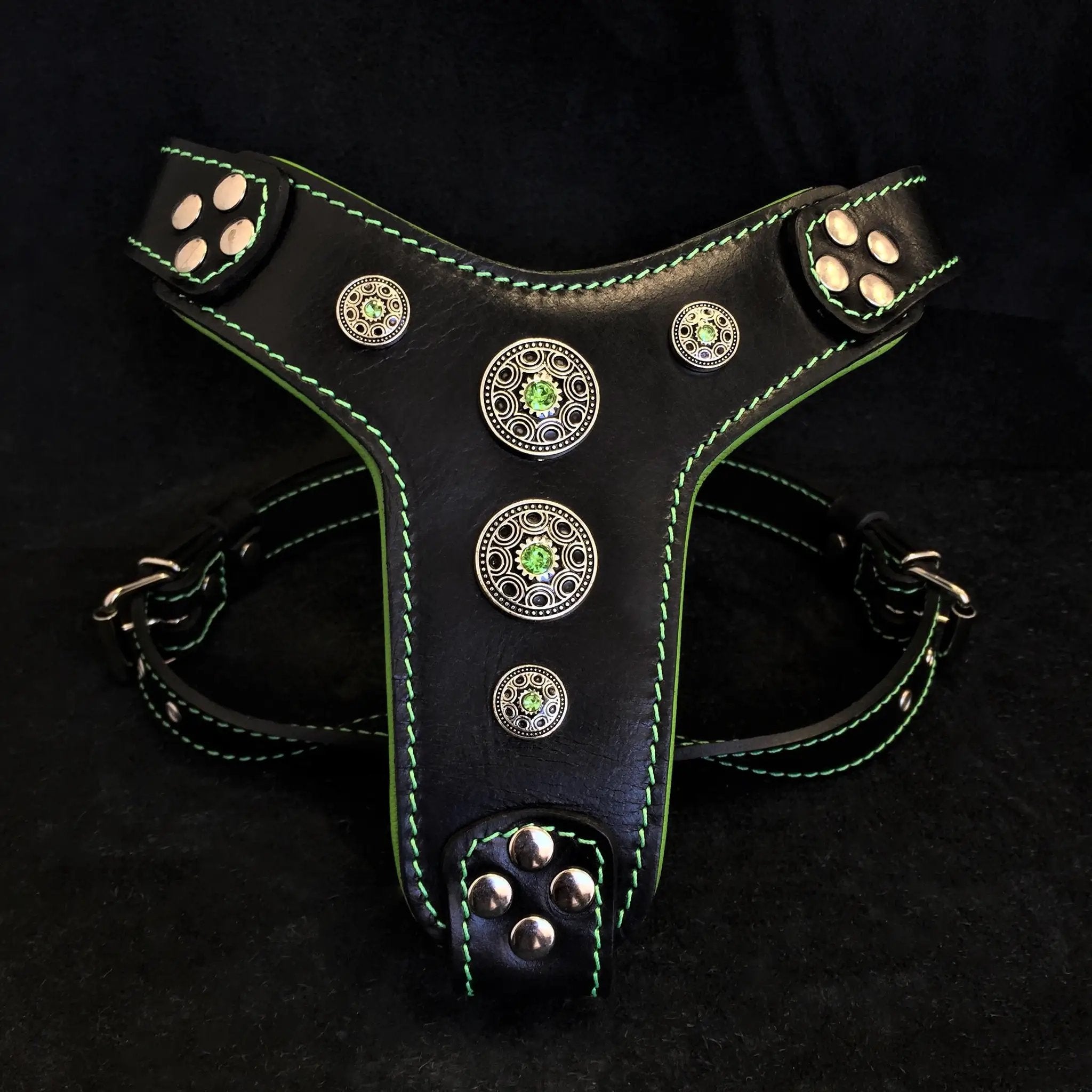 The ''Bijou'' harness Black & Green Small to Medium Size - Pet Collars & Harnesses from Bestia Dog Gear