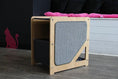 Load image into Gallery viewer, The Grotto Cat Condo by Catastrophic Creations, compact wooden frame with gray fabric panel.
