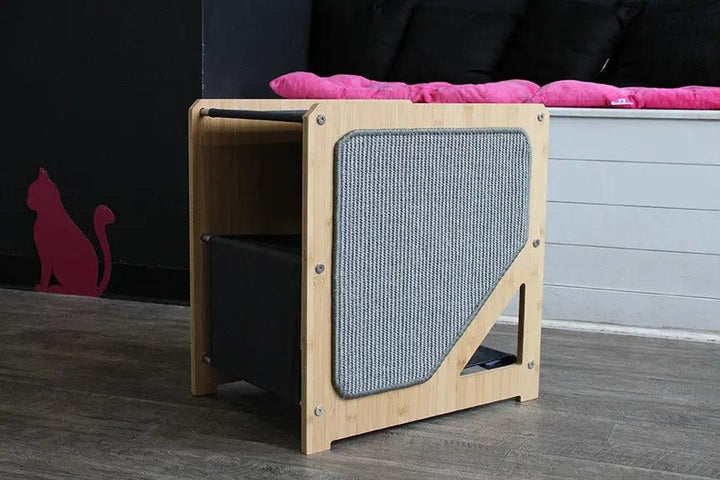 The Grotto Cat Condo by Catastrophic Creations, compact wooden frame with gray fabric panel.