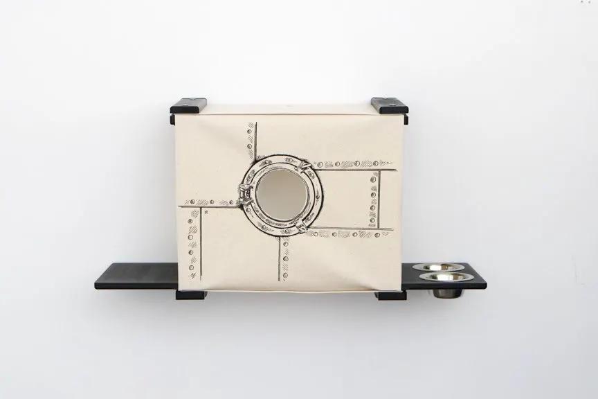 Deluxe Cat Cubby Bed; beige wall-mounted cat condo with a circular port and side shelves.
