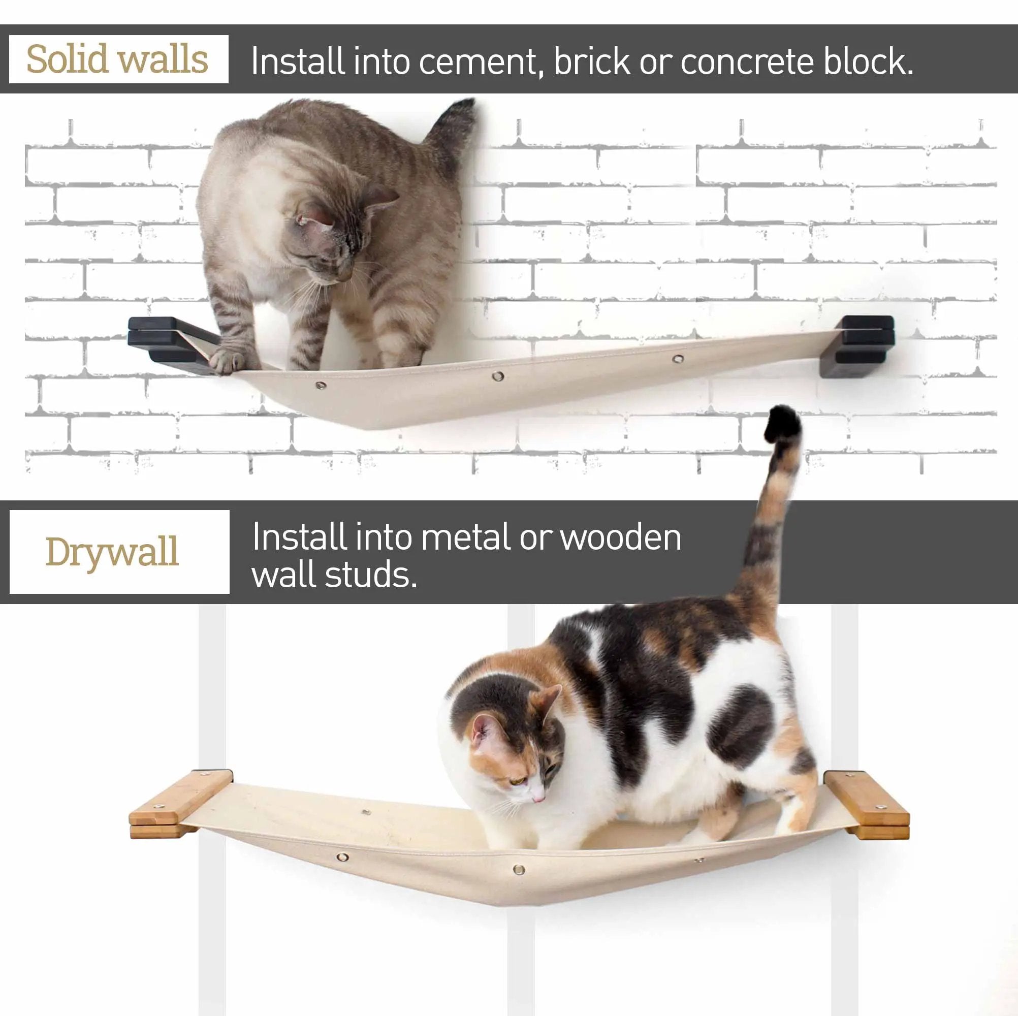 Hanging cat bed hammock in beige fabric by Catastrophic Creations; wall-mounted cat perch (2 cats)
