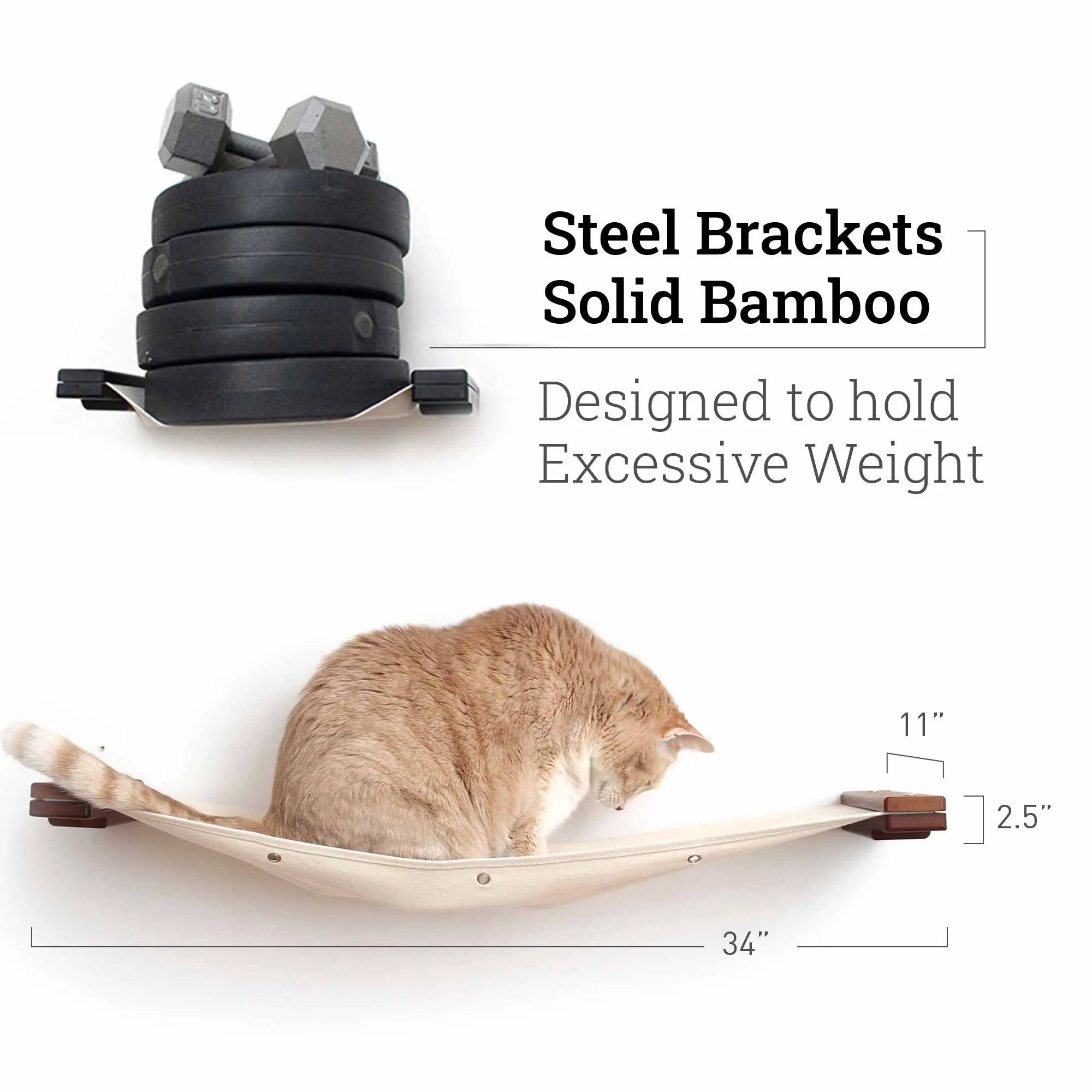 Hanging Cat Bed Hammock by Catastrophic Creations on a wooden platform with steel brackets; orange tabby cat resting.