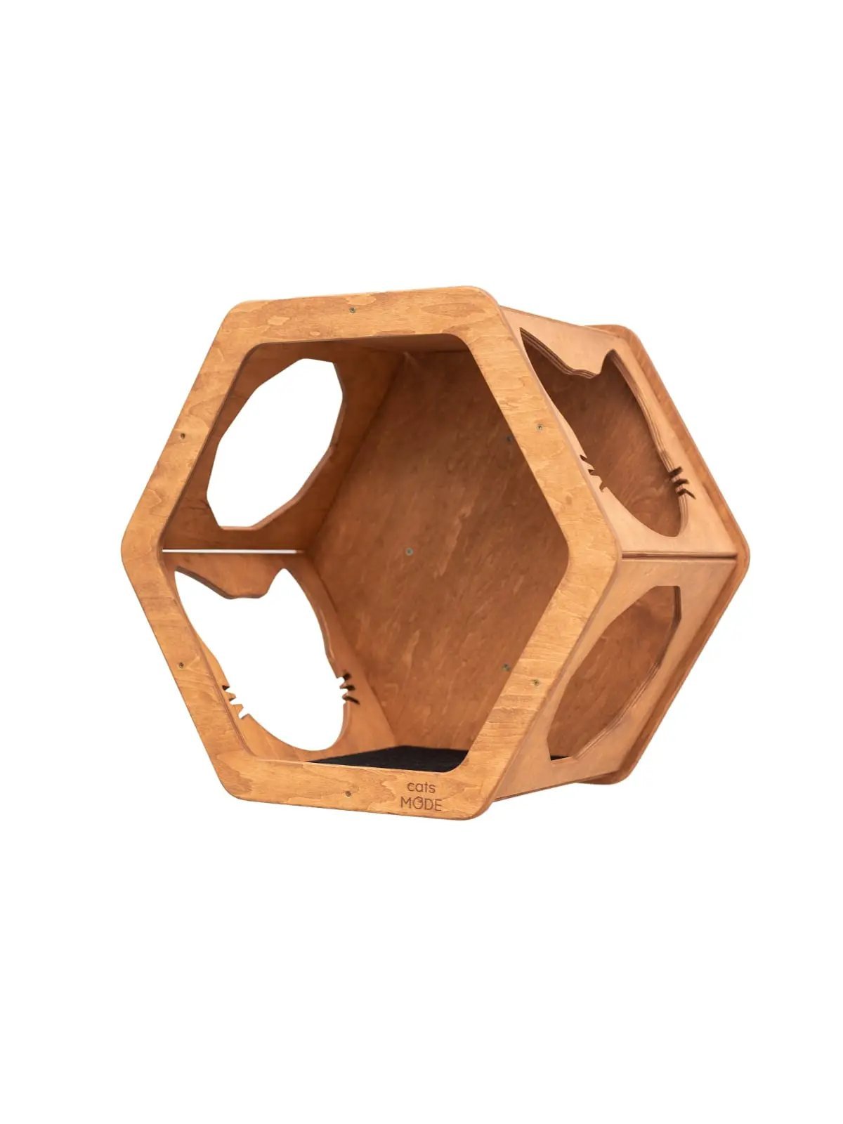Wall Mount Cat Shelves hexagonal natural wood finish with Cats Mode branding
